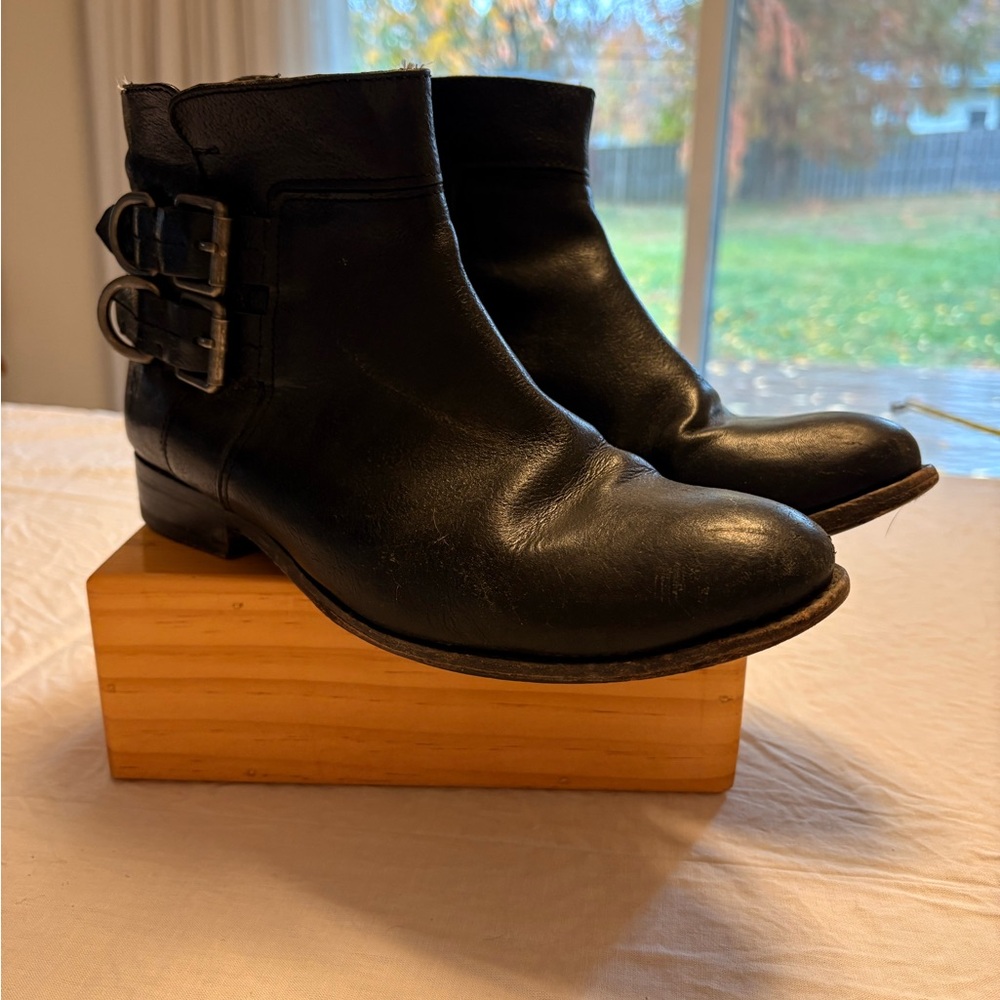 Frye Black Leather Ankle Boots with Buckle Detail